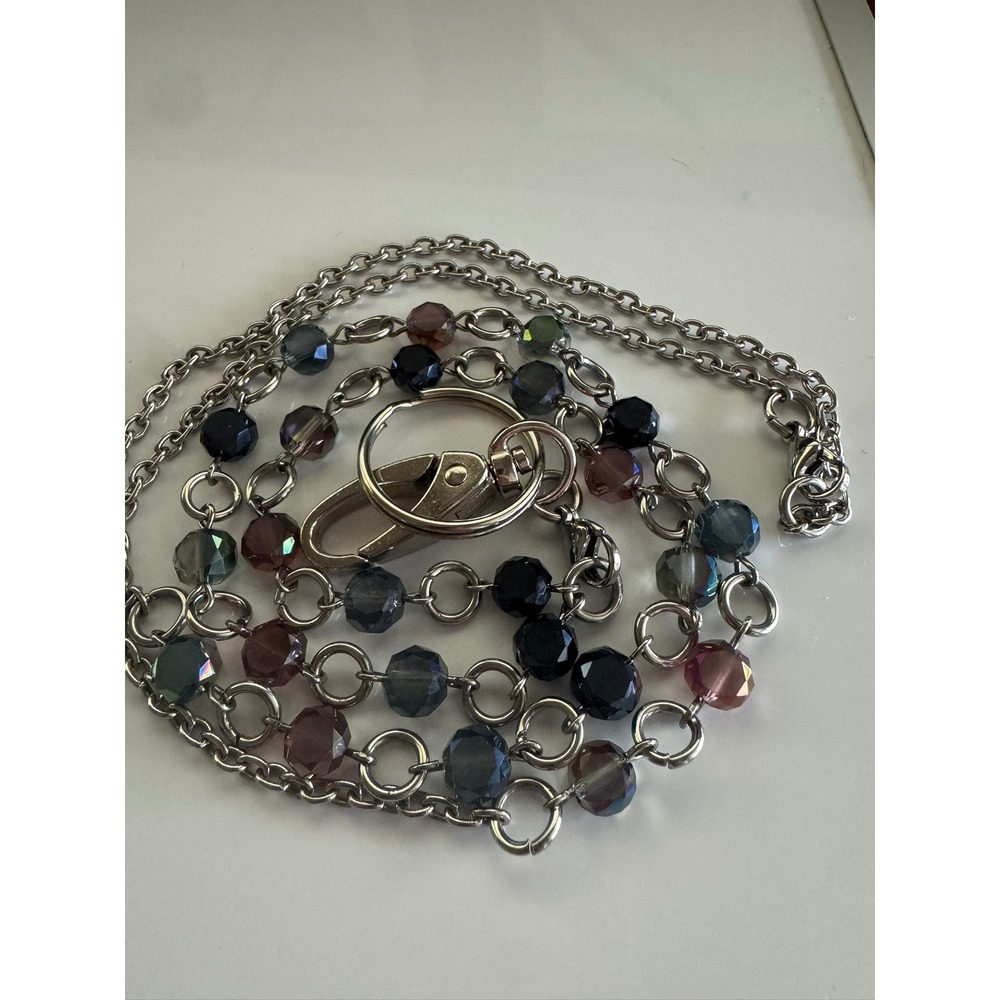 Silver Tone Beaded Wallet Chain Lanyard Iridescent Faceted Beads Lobster Clasp‎